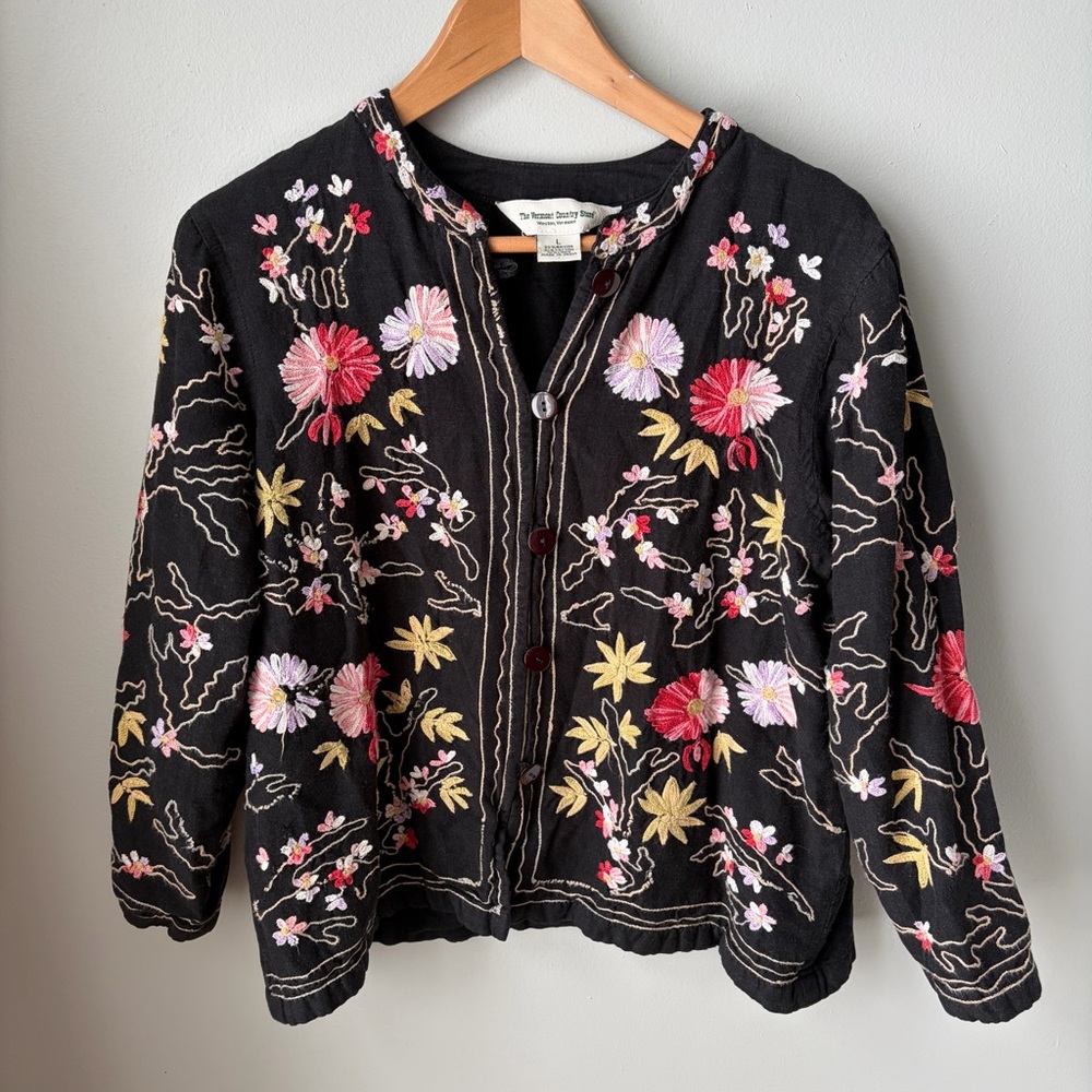 Vermont Country Store Floral Embroidered Jacket Sz- L Black Cotton‎ Linen Boho